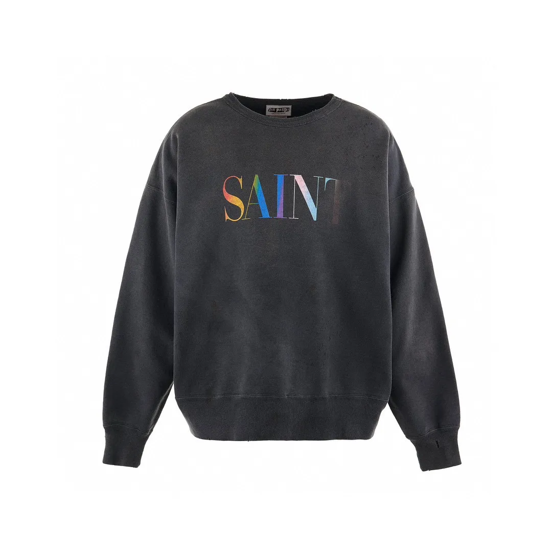SAINT Mxxxxxx CREW NECK SWT SHIRTS 'RAINBOW SNT'/BLK Rainbow SAINT destruction sweatshirt, washed black S-XL Assute dyeing, genuine whole garment sprayed with horsetail fading process, collar/cuffs frayed in many places, front and rear panels/sleeves super complicated hanging grinding, heavy washing and water discoloration, correct fruit mark/angel mark